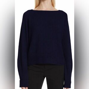 Vince Ribbed Wool Cashmere Blend Boatneck Sweater Navy Blue